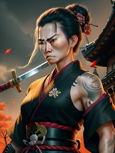  Female samurai, shrine background, angry face , sword in hand , tattooed , masterpieces, top quality, best quality, official art, beautiful and aesthetic, realistic, 4K, 8K