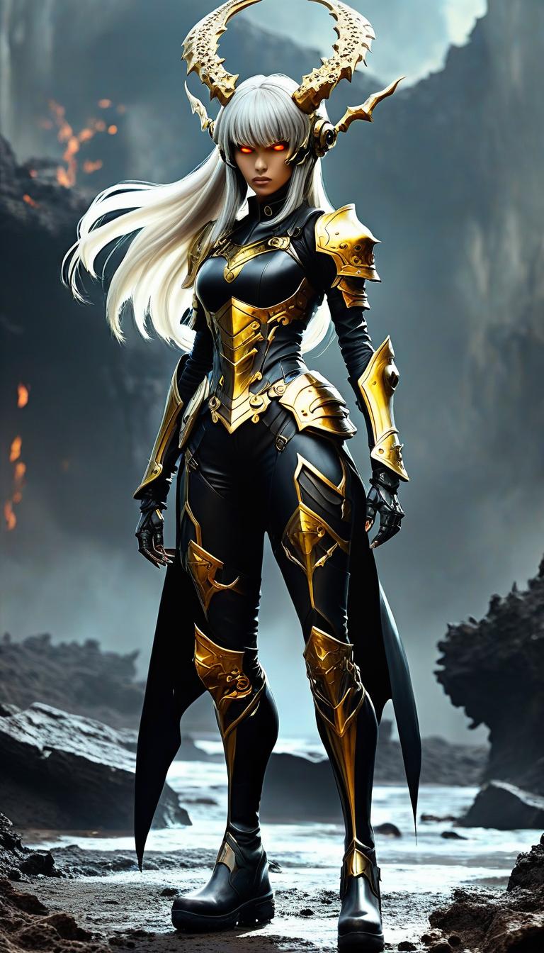  concept art ((details)), ((masterpiece)) ((best quality)), ((Great)), Spectacular, Amazing, Anime, <full body> demonic creature born in the abyss of hell, Short and beautiful girl ((full height)), with brown skin, long silver hair, stern gaze of golden eyes with vertical pupils, wears jet black open armor and a helmet, ankle boots, (holds a long spear in his hand), moonlight, Night glow, . digital artwork, illustrative, painterly, matte painting, highly detailed hyperrealistic, full body, detailed clothing, highly detailed, cinematic lighting, stunningly beautiful, intricate, sharp focus, f/1. 8, 85mm, (centered image composition), (professionally color graded), ((bright soft diffused light)), volumetric fog, trending on instagram, trending on tumblr, HDR 4K, 8K