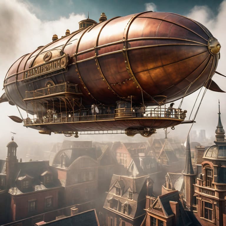  Steampunk airship soaring above a steampunk metropolis hyperrealistic, full body, detailed clothing, highly detailed, cinematic lighting, stunningly beautiful, intricate, sharp focus, f/1. 8, 85mm, (centered image composition), (professionally color graded), ((bright soft diffused light)), volumetric fog, trending on instagram, trending on tumblr, HDR 4K, 8K