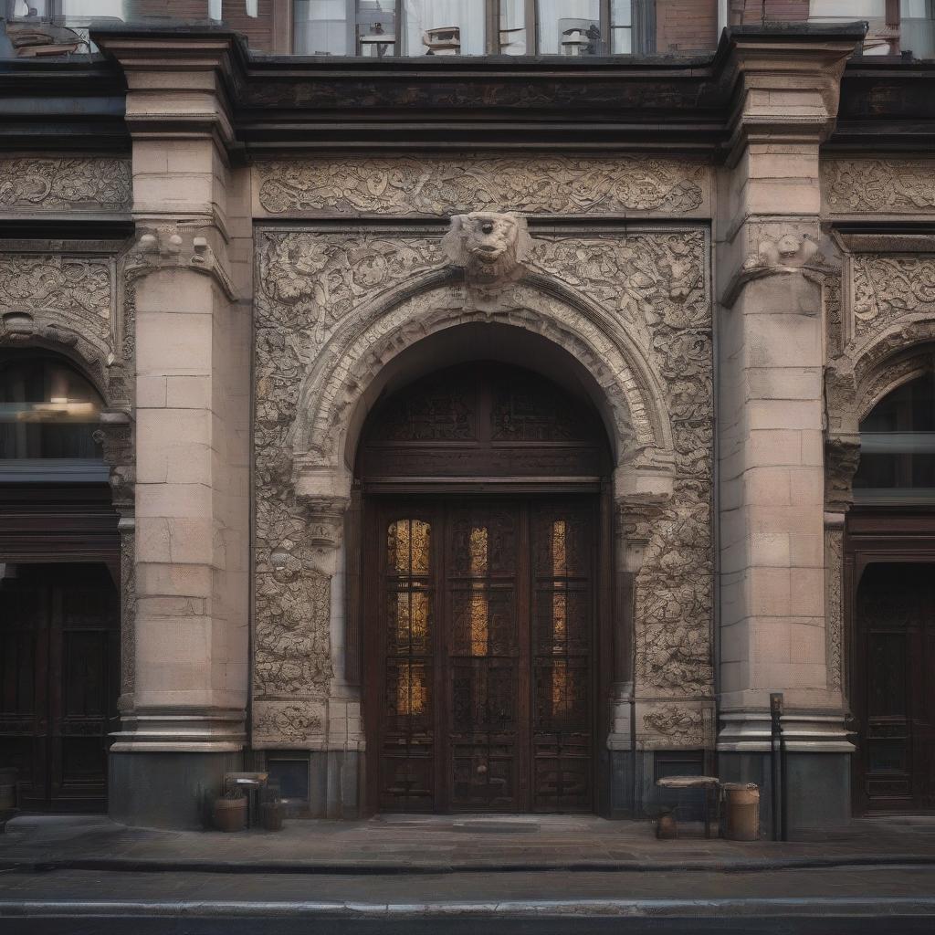  cinematic film still The facade of the cafe building is done in a medieval style: stone walls, Gothic architecture, large windows, lanterns, and ornamental metal elements. The entrance to the cafe is represented by massive doors with patterns and dragon handles. Above the entrance is a wrought iron sign with the name of the establishment. . shallow depth of field, vignette, highly detailed, high budget, bokeh, cinemascope, moody, epic, gorgeous, film grain, grainy hyperrealistic, full body, detailed clothing, highly detailed, cinematic lighting, stunningly beautiful, intricate, sharp focus, f/1. 8, 85mm, (centered image composition), (professionally color graded), ((bright soft diffused light)), volumetric fog, trending on instagram, trending on tumblr, HDR 4K, 8K