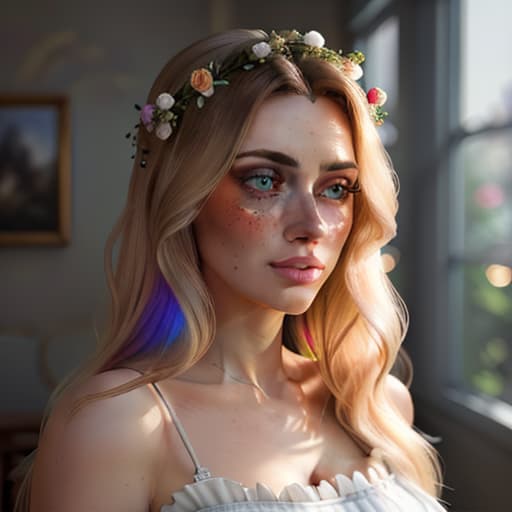  detailed and realistic portrait of a rapunzel maid with a few freckles, long blonde disheveled hairs, multicolor mesmerizing eyes, dark fluffy dress, soft natural lighting, portrait photography, magical photography, dramatic lighting, photo realism, ultra detailed, intimate portrait composition, flowers in background, Leica 50mm, f1. 4 hyperrealistic, full body, detailed clothing, highly detailed, cinematic lighting, stunningly beautiful, intricate, sharp focus, f/1. 8, 85mm, (centered image composition), (professionally color graded), ((bright soft diffused light)), volumetric fog, trending on instagram, trending on tumblr, HDR 4K, 8K