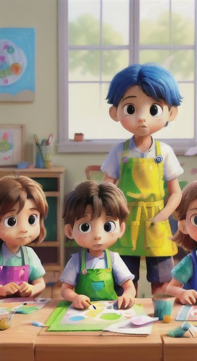  {Children gathered around a table full of paints, brushes, and paper., Kids wearing aprons, concentrating on their painting with bright colors on paper.