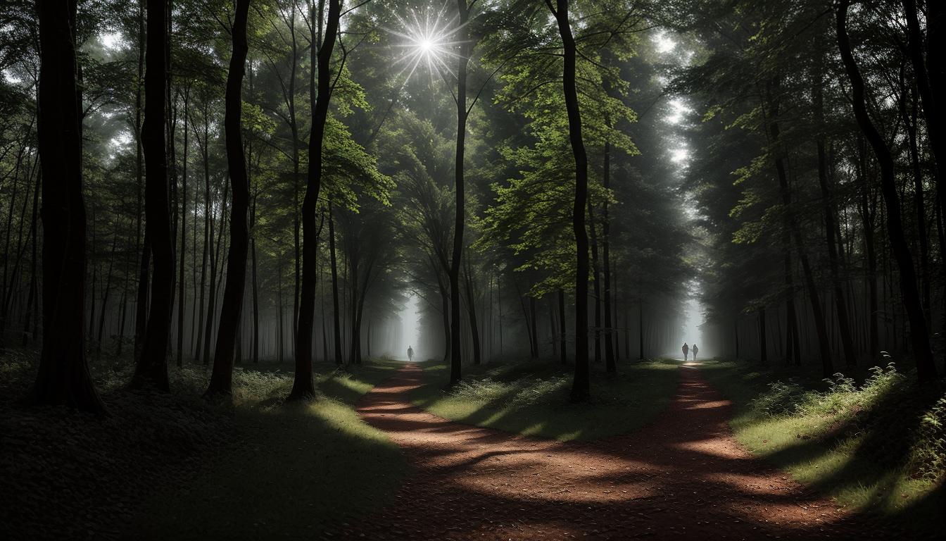  cinematic, aesthetic, A pathway in ethereal forest, figure walking confidently forward, misty surrounding, towering trees with detailed foliage, path illuminated by subtle light, sense of progression, mystical, 4k, HDR, lens flare