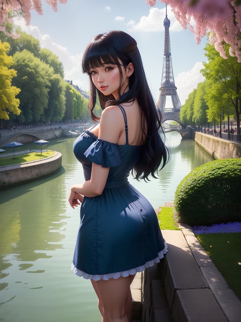  An cute and anime wearing blue china dress, black mid length hair with bangs, bare shoulders, bare arms, exudes feminine charm, greeny eyes with attractive lashes, full subtle mauve lipstick, large s covered by curved fit dress, blush, expression on face Background:picturesque Parisian landscape, the Eiffel Tower in the background, calm river flowing, traditional wooden rowboat moored to the side, old stone bridges, lush green trees in full bloom, historical buildings with clic French architecture, sunlight filtering through leaves, clear blue sky with wispy clouds, romantic and peaceful mood. hyperrealistic, full body, detailed clothing, highly detailed, cinematic lighting, stunningly beautiful, intricate, sharp focus, f/1. 8, 85mm, (centered image composition), (professionally color graded), ((bright soft diffused light)), volumetric fog, trending on instagram, trending on tumblr, HDR 4K, 8K