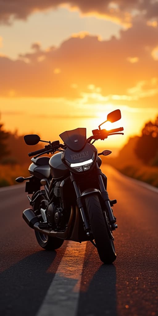  good quality, high quality, a stunning motorcycle parked on an open road at sunset, surrounded by vibrant nature and a serene atmosphere.