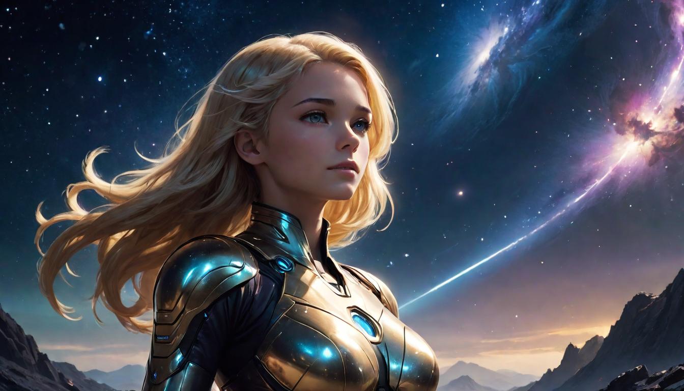  1girl, large busted attractive blonde arian female humanoid, standing in a cosmic landscape, surrounded by glimmering stars and swirling galaxies, sense of belonging and unity, high tech clothing clad in sleek, futuristic costume with metallic accents and form fitting designs, marvel superhero comics style, unreal engine rendering