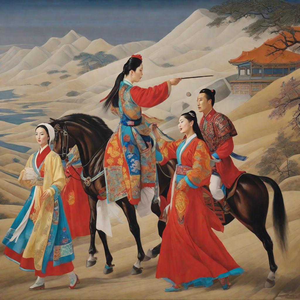  The painting includes five people, one is Arirang, son of a rich Arab businessman, one is a girl from Russia, one is Miss Shi, a beauty from the Western Regions, and two are small businessmen from China, Lu Yifei and Xue Jianhua. These five people are advancing along the Silk Road. They are two women and three men.