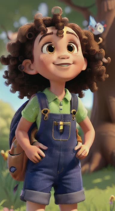  {Riley looking up at the tree with a big smile, animals surrounding them., Riley, a curious with big brown eyes and curly hair, wearing overalls and carrying a small backpack. Their friend, Skye, a bluebird with shiny feathers.