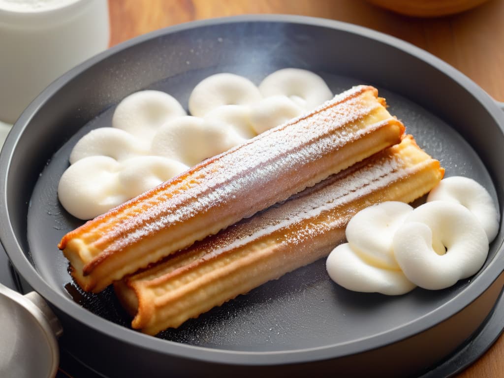  An image of a goldenbrown churro being freshly fried in bubbling oil, with a perfectly crispy exterior and a soft, fluffy interior. The churro is being skillfully lifted out of the oil by a stainless steel slotted spoon, capturing the moment when it's at the peak of its crispiness. The background is a clean, white surface that enhances the warm tones of the churro, creating a simple yet enticing visual that perfectly complements the article's focus on achieving the perfect balance of crispy and soft textures in pastry fritters. hyperrealistic, full body, detailed clothing, highly detailed, cinematic lighting, stunningly beautiful, intricate, sharp focus, f/1. 8, 85mm, (centered image composition), (professionally color graded), ((bright soft diffused light)), volumetric fog, trending on instagram, trending on tumblr, HDR 4K, 8K