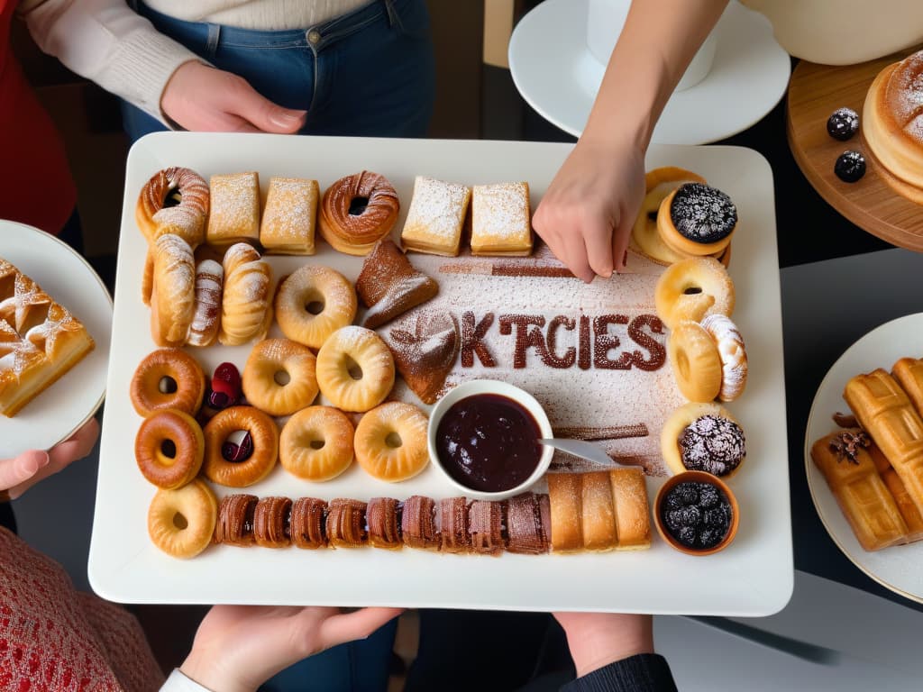  An ultradetailed image of a diverse group of people, including individuals with hearing impairments, gathered around a kitchen table covered with various freshly baked pastries and desserts. The scene is captured from above, showcasing hands signing in American Sign Language (ASL) while others reach for treats, creating a warm and inclusive atmosphere. The table is adorned with elegant minimalistic tableware, emphasizing the unity and connection fostered through the universal love of pastries. hyperrealistic, full body, detailed clothing, highly detailed, cinematic lighting, stunningly beautiful, intricate, sharp focus, f/1. 8, 85mm, (centered image composition), (professionally color graded), ((bright soft diffused light)), volumetric fog, trending on instagram, trending on tumblr, HDR 4K, 8K