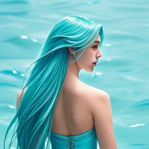  Headless aqua girl with aqua hair and aqua blue clothes facing forward