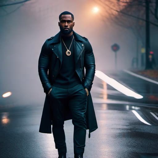  black man hyperrealistic, full body, detailed clothing, highly detailed, cinematic lighting, stunningly beautiful, intricate, sharp focus, f/1. 8, 85mm, (centered image composition), (professionally color graded), ((bright soft diffused light)), volumetric fog, trending on instagram, trending on tumblr, HDR 4K, 8K