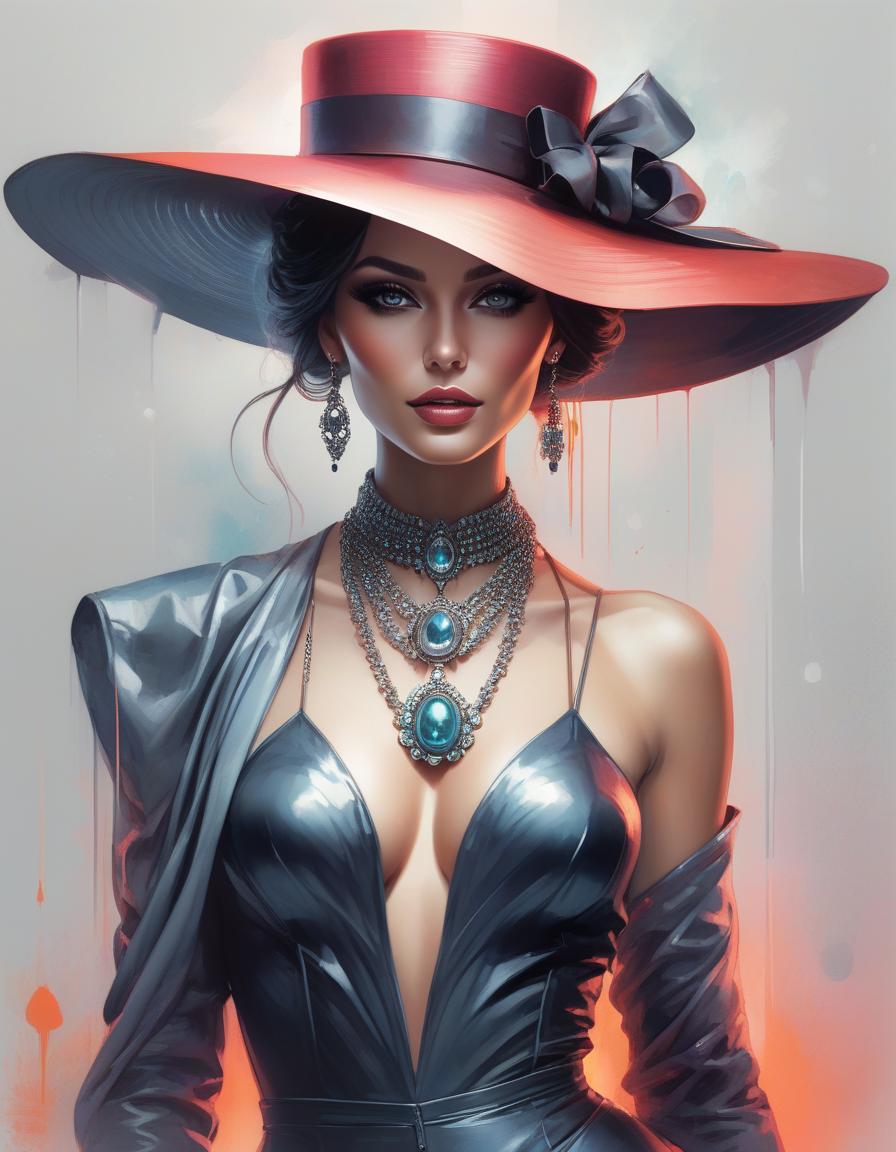  futuristic style painting of a woman wearing a hat with a necklace, exquisite digital illustration, elegante pintura digital, linda pintura de persona gem, beautiful digital illustration, estilo de pintura digital, linda pintura digital, linda arte digital, no estilo aquarela, pintura linda, no art style by bowater, a beautiful art illustration, no estilo de aquarela digital, with ink blots and paint running down the screen . sleek, modern, ultramodern, high tech, detailed hyperrealistic, full body, detailed clothing, highly detailed, cinematic lighting, stunningly beautiful, intricate, sharp focus, f/1. 8, 85mm, (centered image composition), (professionally color graded), ((bright soft diffused light)), volumetric fog, trending on instagram, trending on tumblr, HDR 4K, 8K