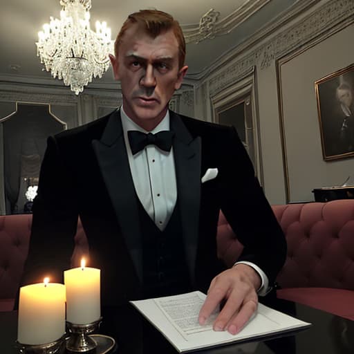  Attractive looking James Bond lookalike in black tuxedo is sitting on couch,drinking in chic guest room in Jugendstil design,shadowy inside only lit by candles on the tables and chandeliers above