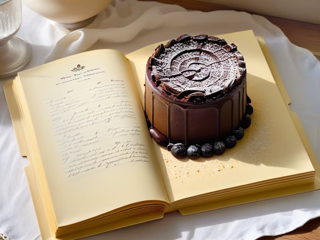  An ultradetailed image of a vintage, wellworn recipe book open to a page featuring a classic dessert recipe like a decadent chocolate cake or a delicate soufflé. The page is filled with handwritten notes and splatters of ingredients, showcasing a rich history of baking traditions. The background is softly blurred, emphasizing the intricate details of the aged paper and faded ink, evoking a sense of nostalgia and timeless culinary expertise. hyperrealistic, full body, detailed clothing, highly detailed, cinematic lighting, stunningly beautiful, intricate, sharp focus, f/1. 8, 85mm, (centered image composition), (professionally color graded), ((bright soft diffused light)), volumetric fog, trending on instagram, trending on tumblr, HDR 4K, 8K