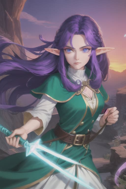  Elf, powerful face, purple hair, semi -long, wizard rope, glowing wand, in the wind forest, sunset