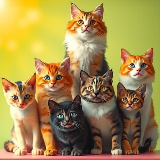  a variety of cute and playful cats in a colorful setting, showcasing different breeds and expressions, with a sunny background. hyperrealistic, full body, detailed clothing, highly detailed, cinematic lighting, stunningly beautiful, intricate, sharp focus, f/1. 8, 85mm, (centered image composition), (professionally color graded), ((bright soft diffused light)), volumetric fog, trending on instagram, trending on tumblr, HDR 4K, 8K