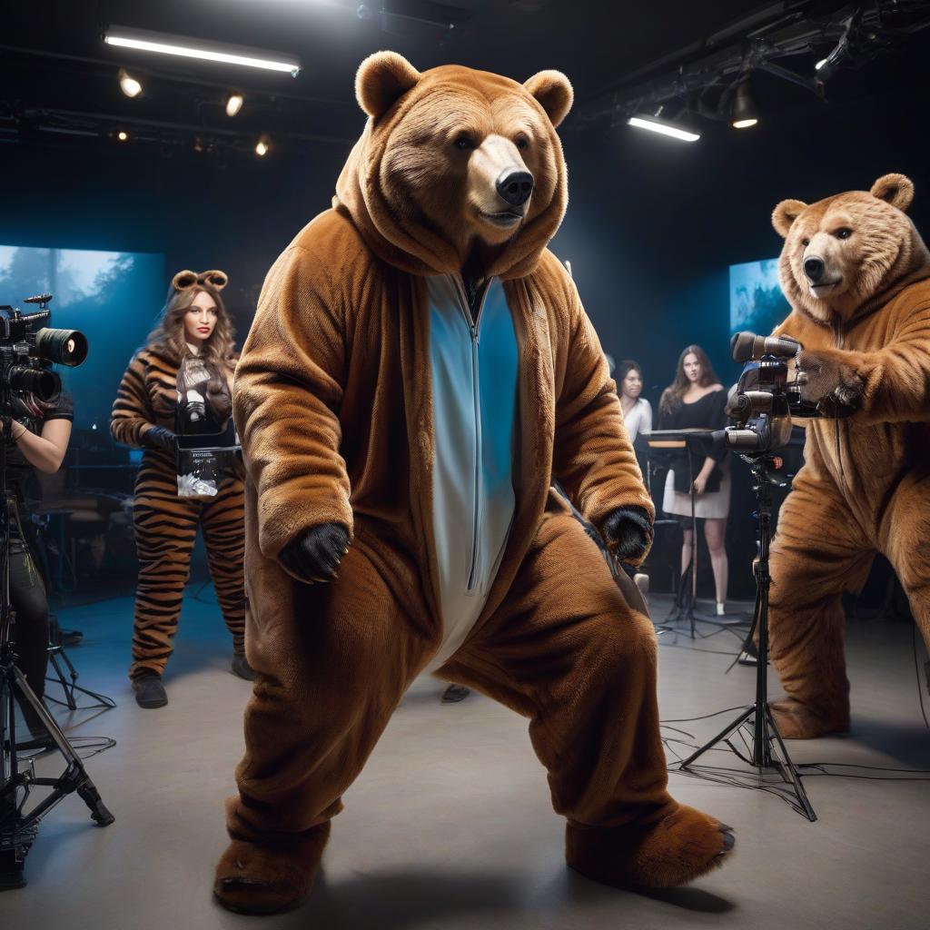  A man in a bear costume, near some beautiful Russian women in tiger costumes, with light hair, blue eyes, plump lips, close up, music studio, high facial detail of eyes, lips, and hands. hyperrealistic, full body, detailed clothing, highly detailed, cinematic lighting, stunningly beautiful, intricate, sharp focus, f/1. 8, 85mm, (centered image composition), (professionally color graded), ((bright soft diffused light)), volumetric fog, trending on instagram, trending on tumblr, HDR 4K, 8K