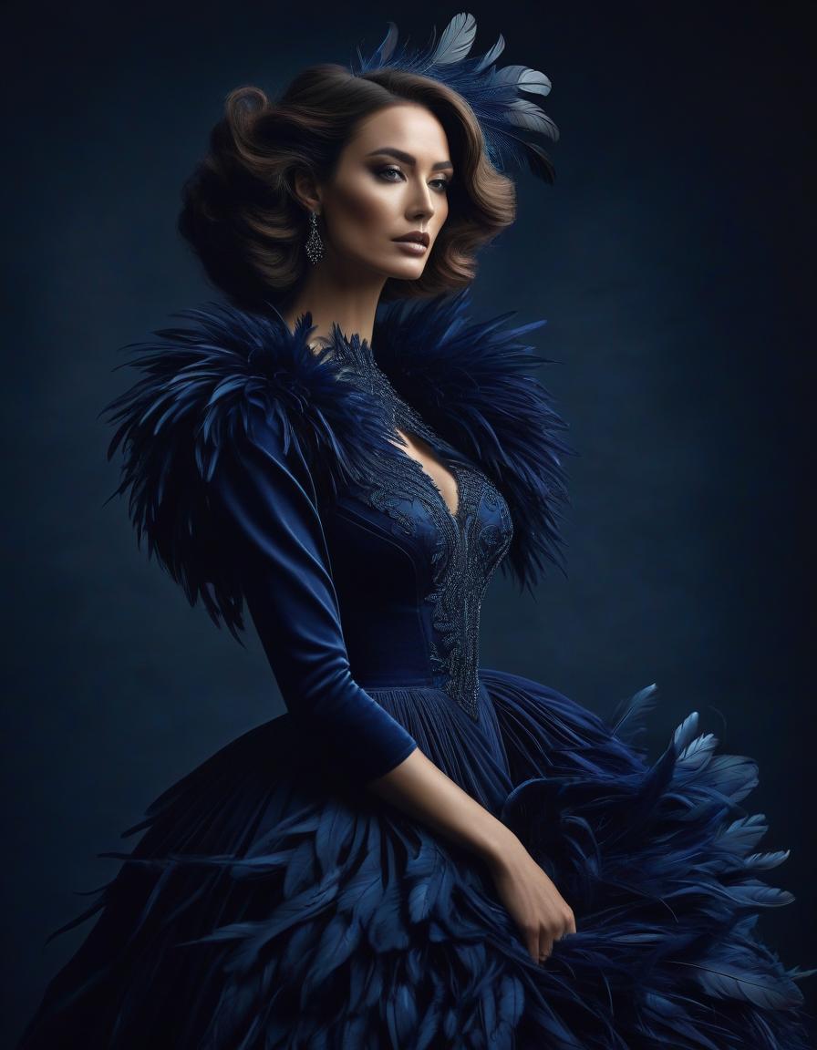  surrealist art Portrait of a beautiful in a dark blue velvet Lorrain dress, on beautiful hair adorned with soft feathers of dark blue colour . dreamlike, mysterious, , symbolic, intricate, detailed hyperrealistic, full body, detailed clothing, highly detailed, cinematic lighting, stunningly beautiful, intricate, sharp focus, f/1. 8, 85mm, (centered image composition), (professionally color graded), ((bright soft diffused light)), volumetric fog, trending on instagram, trending on tumblr, HDR 4K, 8K