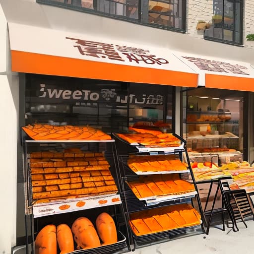  A poster of a sweet potato baking shop, containing the main products, such as: sweet potato chips, dried sweet potatoes, sweet potato wheat full score, etc., mainly orange or yellow color, shop name "sweet potato full," requirements Chinese ，