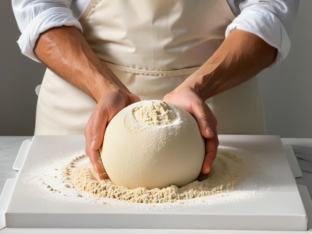  A closeup, ultradetailed image of a baker's hands expertly kneading a smooth, elastic ball of rye flour dough on a sleek, marble countertop. The hands are dusted with a fine layer of flour, catching the light to showcase the intricate textures and movements of the dough being worked. The minimalist composition focuses on the artistry and precision of the baker's craft, emphasizing the beauty and simplicity of the process of breadmaking with rye flour. hyperrealistic, full body, detailed clothing, highly detailed, cinematic lighting, stunningly beautiful, intricate, sharp focus, f/1. 8, 85mm, (centered image composition), (professionally color graded), ((bright soft diffused light)), volumetric fog, trending on instagram, trending on tumblr, HDR 4K, 8K