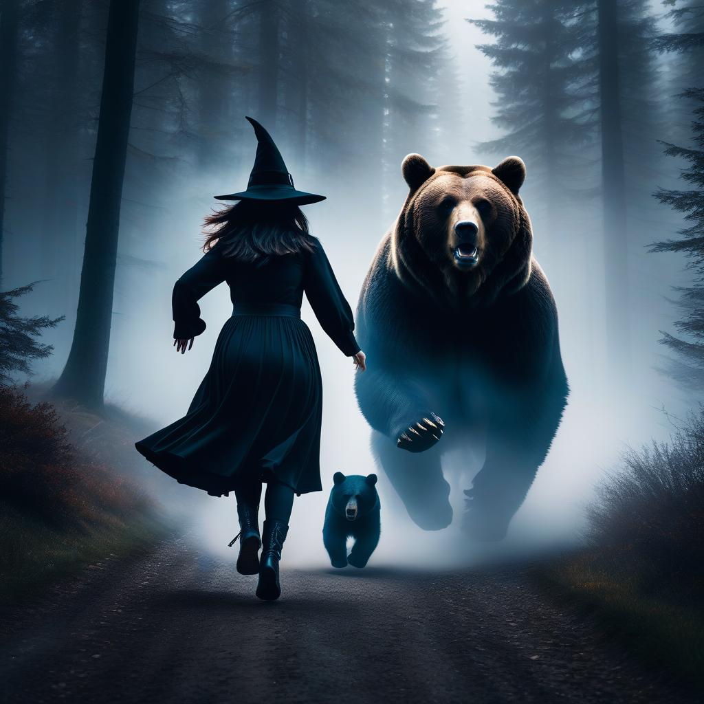  A witch in black clothes running away in fear from a huge bear. hyperrealistic, full body, detailed clothing, highly detailed, cinematic lighting, stunningly beautiful, intricate, sharp focus, f/1. 8, 85mm, (centered image composition), (professionally color graded), ((bright soft diffused light)), volumetric fog, trending on instagram, trending on tumblr, HDR 4K, 8K