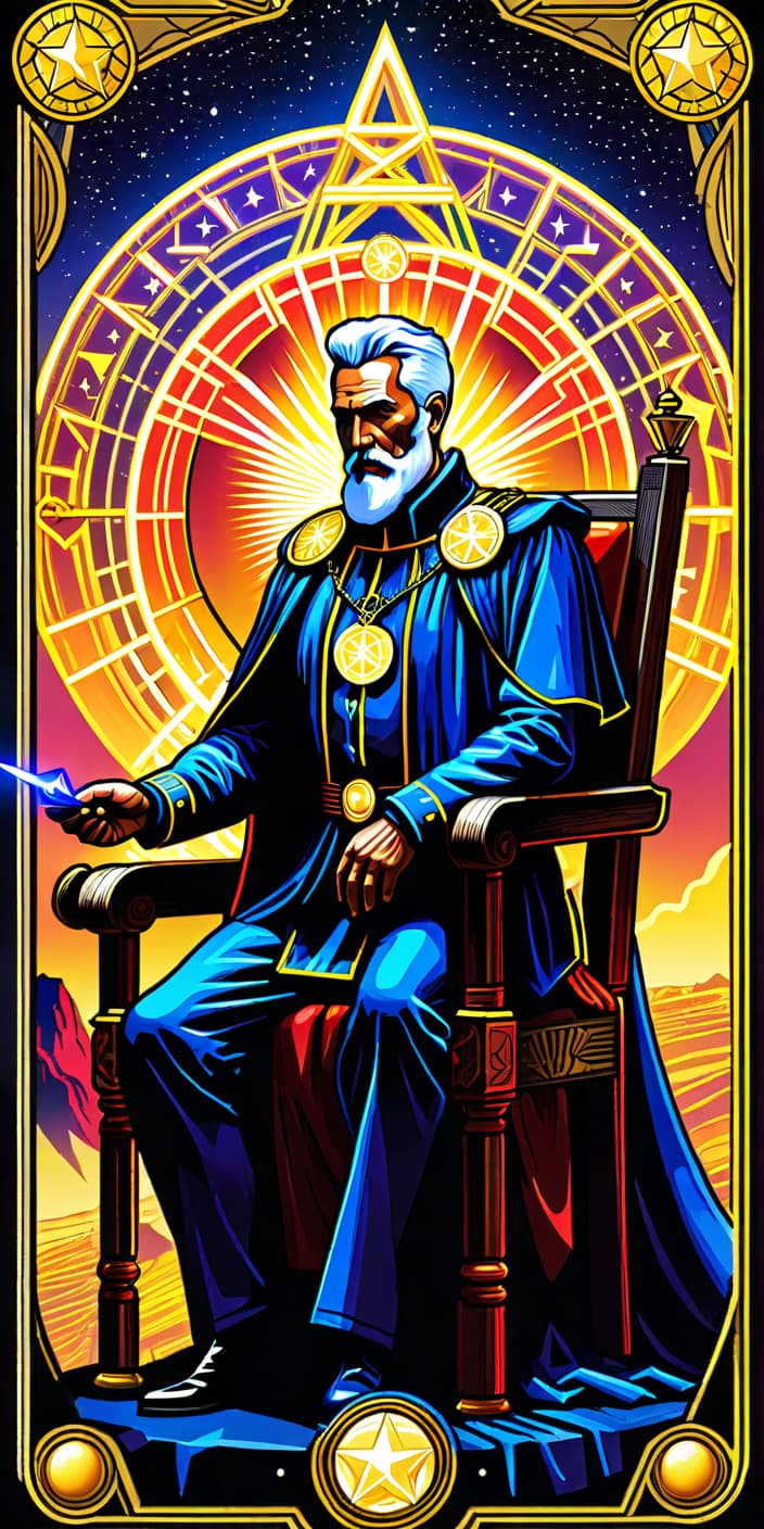  neonpunk style King of Pentacles Tarot Card Eventually, you may come across a domestic situation that involves an elderly male figure who takes his responsibilities seriously. He can also represent qualities like patience, realism, and wealth. Remember that this authority figure might not necessarily be an actual person in your life but can be symbolized in various ways. Every gem, oracle, and Tarot card reading all have their meanings and interpretations, and the King of Pentacles is no exception. In financial terms, this card is associated with material success and financial savvy. It also connects with the practical side of life, where caution and wisdom prevail. The King of Pentacles could suggest an opportunity to grow your wealth or hyperrealistic, full body, detailed clothing, highly detailed, cinematic lighting, stunningly beautiful, intricate, sharp focus, f/1. 8, 85mm, (centered image composition), (professionally color graded), ((bright soft diffused light)), volumetric fog, trending on instagram, trending on tumblr, HDR 4K, 8K