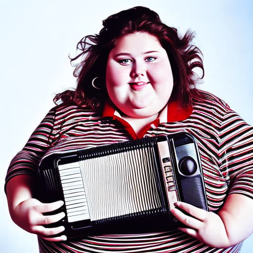 portrait+ style a fat woman, looking scared at her accordion waist