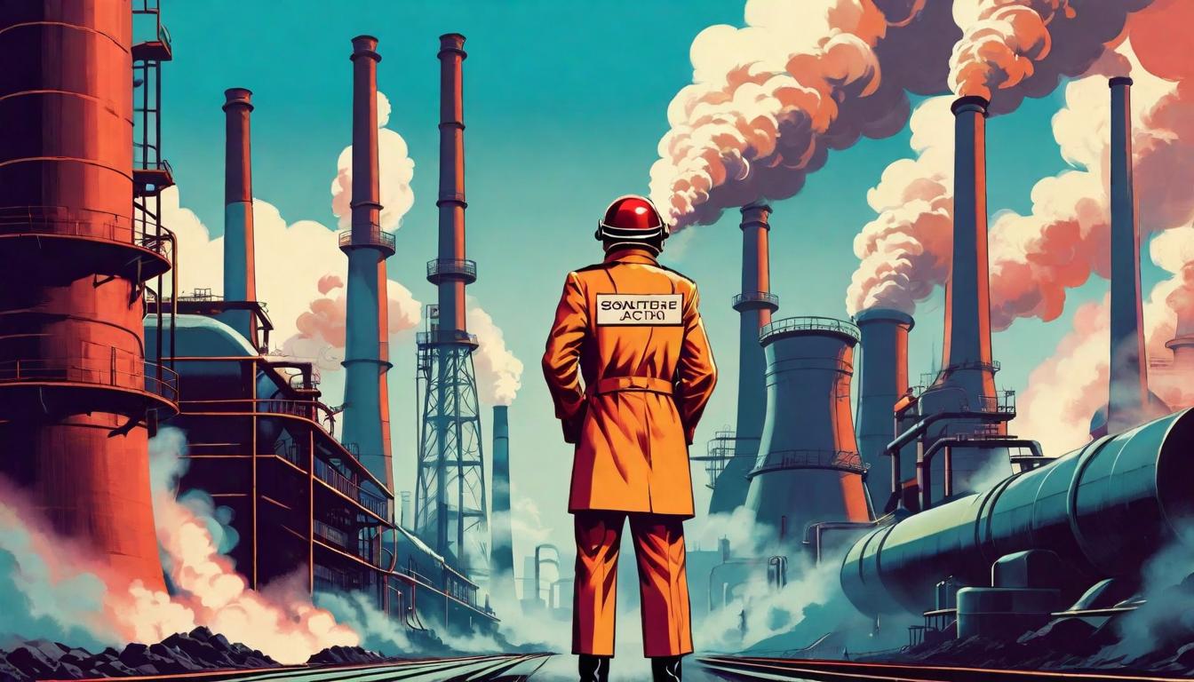  retro futuristic Protester holding a placard in front of industrial smokestacks, solitary defiance, call for environmental action, contrast between organic and mechanical lvintage sci fi, 50s and 60s style, atomic age, vibrant, highly detailed