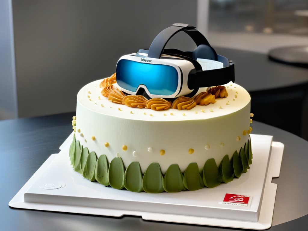  A closeup, ultradetailed image of a virtual reality headset displaying a highly realistic 3D simulation of a professional pastry chef meticulously piping intricate designs onto a delicate cake. The headset is sleek and modern, with subtle reflections of the virtual pastry creation on its surface, highlighting the fusion of cuttingedge technology and traditional culinary artistry. The virtual environment is vibrant and engaging, showcasing a visually stunning array of pastry tools and ingredients that appear almost tangible in their lifelike detail, immersing the viewer in a world where the boundaries between reality and virtual reality blur seamlessly. hyperrealistic, full body, detailed clothing, highly detailed, cinematic lighting, stunningly beautiful, intricate, sharp focus, f/1. 8, 85mm, (centered image composition), (professionally color graded), ((bright soft diffused light)), volumetric fog, trending on instagram, trending on tumblr, HDR 4K, 8K