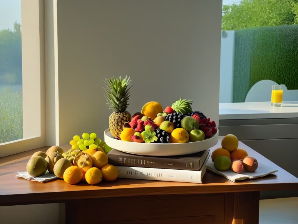  An intricately designed, minimalist image featuring a sleek, modern kitchen with pristine marble countertops, an array of vibrant fresh fruits neatly arranged in bowls, and a stack of artisanal baking books displayed on a shelf. The sunlight streaming in through a large window casts a warm, inviting glow over the scene, creating a serene and inspiring setting for culinary exploration and creativity. hyperrealistic, full body, detailed clothing, highly detailed, cinematic lighting, stunningly beautiful, intricate, sharp focus, f/1. 8, 85mm, (centered image composition), (professionally color graded), ((bright soft diffused light)), volumetric fog, trending on instagram, trending on tumblr, HDR 4K, 8K