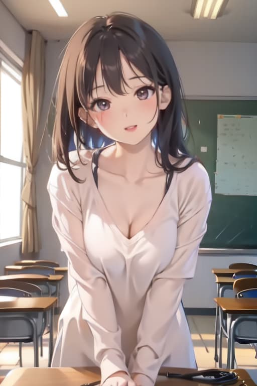  Masterpiece, 1girl, parted lips, blush, makeup, light smile, uniform, classroom, light rays, glow,, collarbone, narrow waist, (masterpiece), wallpaper, sheer shirt, uncensored,bent over table showing round