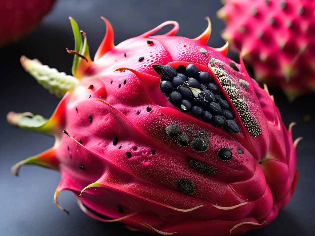  An ultradetailed closeup image of a freshly sliced pitahaya fruit showcasing its vibrant pink flesh speckled with tiny black seeds. The image captures the intricate patterns and textures of the fruit, highlighting its juicy and succulent appearance. The pink hues are rich and vivid, creating a visually striking contrast with the dark seeds, making the viewer feel the freshness and sweetness of the pitahaya just by looking at it. hyperrealistic, full body, detailed clothing, highly detailed, cinematic lighting, stunningly beautiful, intricate, sharp focus, f/1. 8, 85mm, (centered image composition), (professionally color graded), ((bright soft diffused light)), volumetric fog, trending on instagram, trending on tumblr, HDR 4K, 8K