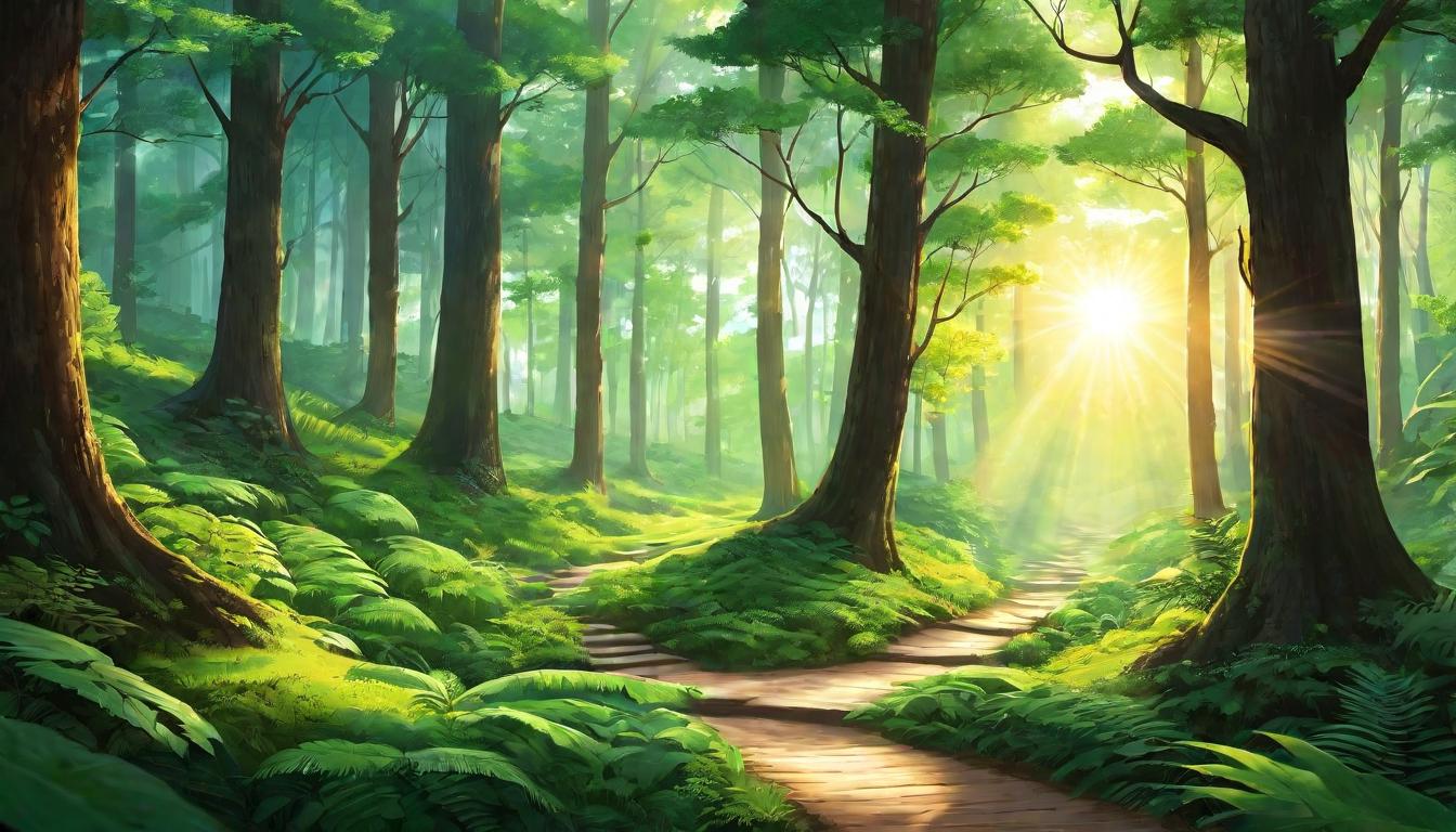  digital illustration A path winding through a tranquil forest, lit by scattered rays of sunlight, symbolizing the journey of integration and healing, peaceful, enlightening. looking at viewer, dynamic pose, (intricate details, masterpiece, best quality)