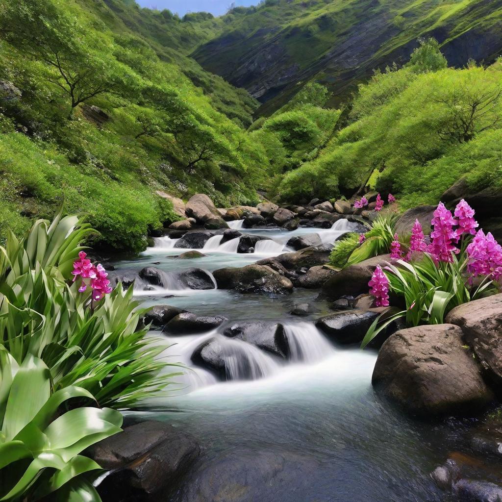  masterpiece, best quality,In a quiet mountain stream, fish are free to roam in groups, and the orchids by the stream send out bursts of fragrance