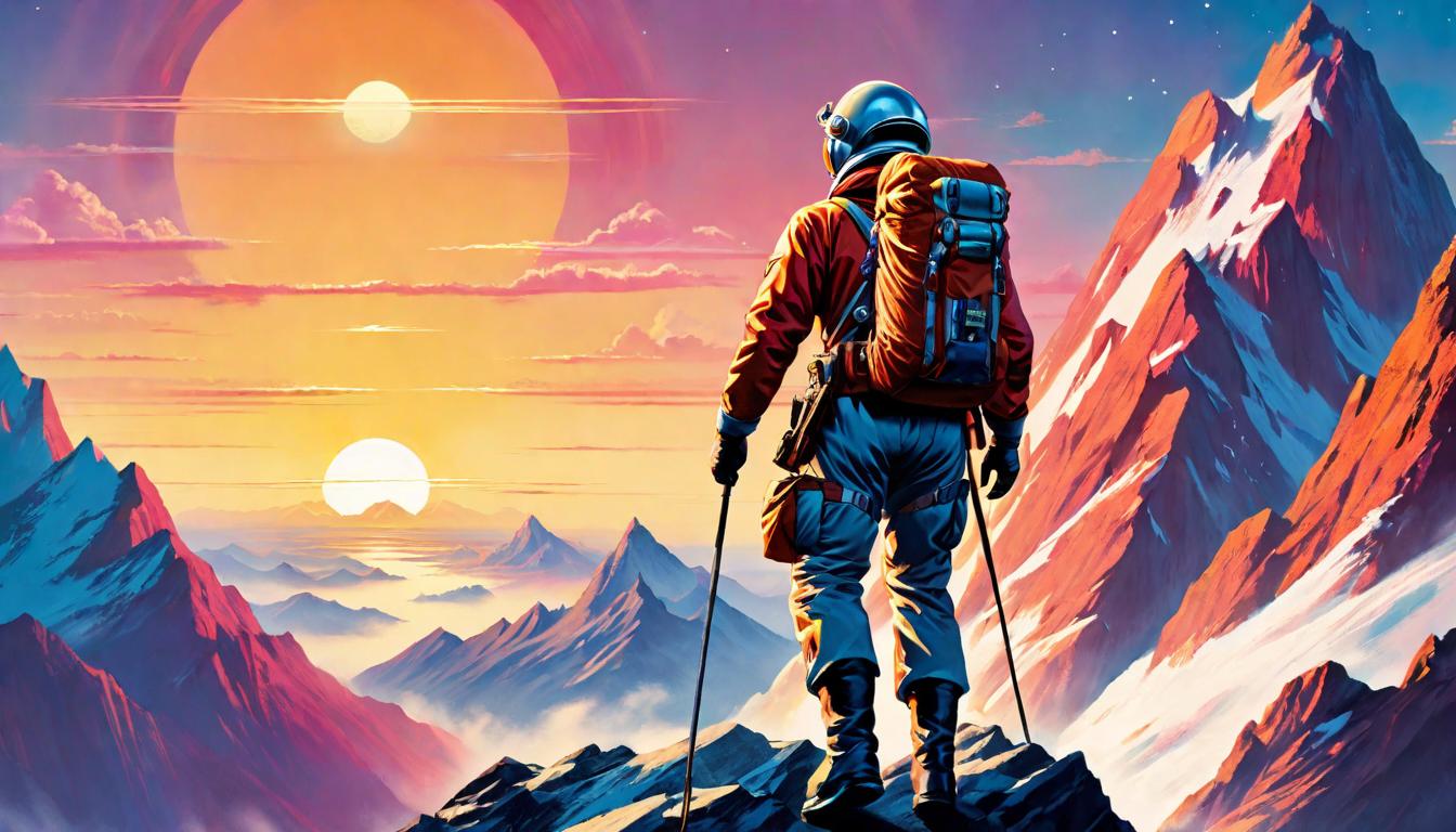  retro futuristic Mountain climber reaching a summit, overlooking a new dawn, perseverance rewarded, personal and collective triumph, new horizons lvintage sci fi, 50s and 60s style, atomic age, vibrant, highly detailed