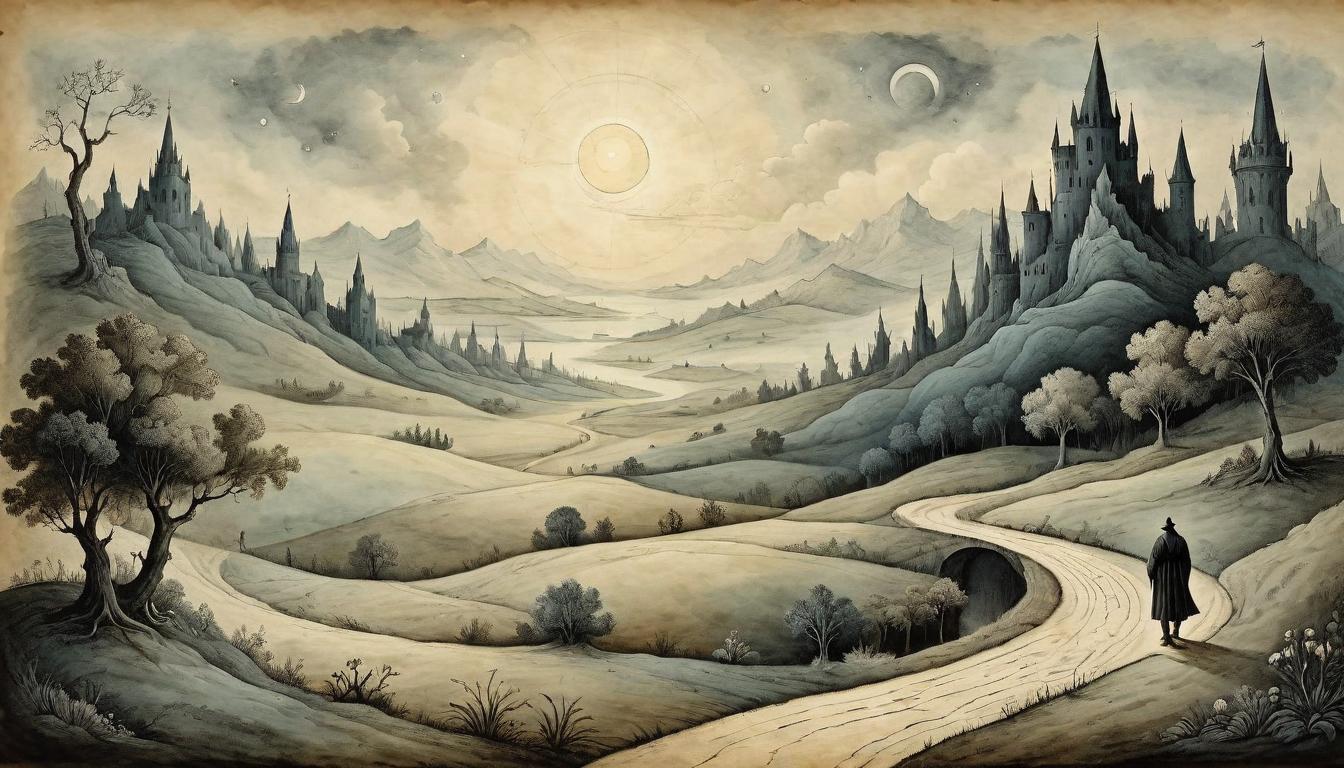  on parchment, surrealism+++, A landscape gradually transitioning from night to dawn, with a solitary figure walking from darkness into emerging light. Symbolizes the gradual awakening, path of illumination, gradual revelation, walking towards understanding.(mysterious, provocative, symbolic,muted color)+++