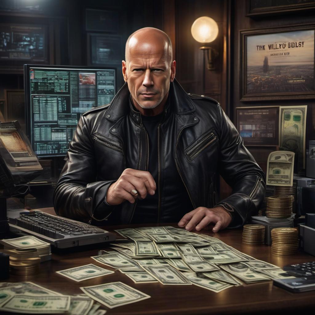  hyperrealistic art Hello, please draw a man resembling Bruce Willis sitting at a desk with a laptop in a leather jacket. There are monitors around with graphics. On the table there is a stack of dollars and a gold ingot. . extremely high resolution details, photographic, realism pushed to extreme, fine texture, incredibly lifelike hyperrealistic, full body, detailed clothing, highly detailed, cinematic lighting, stunningly beautiful, intricate, sharp focus, f/1. 8, 85mm, (centered image composition), (professionally color graded), ((bright soft diffused light)), volumetric fog, trending on instagram, trending on tumblr, HDR 4K, 8K