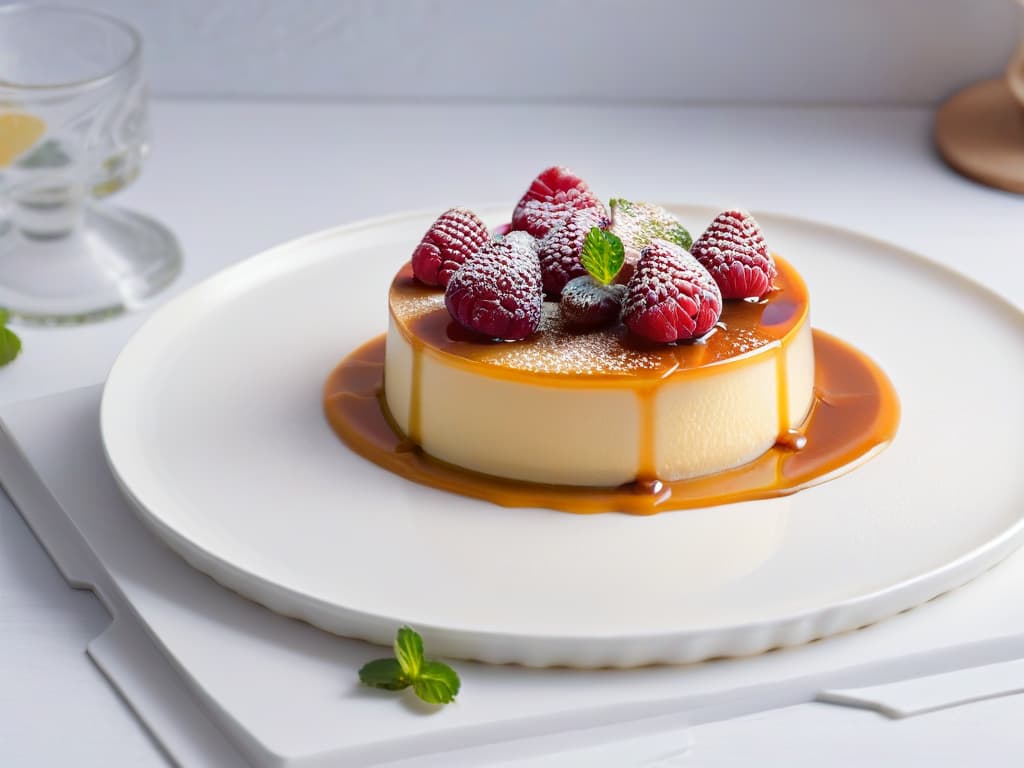  A closeup, ultradetailed image of a perfectly caramelized slice of Flan Parisino sitting on a delicate porcelain plate, garnished with a single fresh raspberry and a mint leaf. The caramel glaze is glossy and reflects the light beautifully, showcasing the smooth texture of the custard underneath. The plate rests on a marble countertop, adding a touch of elegance to the scene with subtle veining and a soft sheen. hyperrealistic, full body, detailed clothing, highly detailed, cinematic lighting, stunningly beautiful, intricate, sharp focus, f/1. 8, 85mm, (centered image composition), (professionally color graded), ((bright soft diffused light)), volumetric fog, trending on instagram, trending on tumblr, HDR 4K, 8K