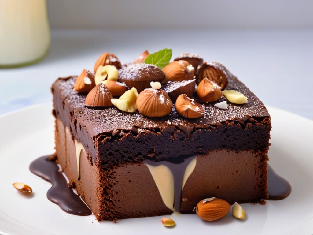  A closeup, ultradetailed image of a decadent sugarfree nutty chocolate brownie, showcasing the rich, moist texture, topped with a sprinkle of chopped hazelnuts and almonds. The brownie sits on a sleek, modern white plate against a soft, blurred background, accentuating its glossy surface and inviting presentation. hyperrealistic, full body, detailed clothing, highly detailed, cinematic lighting, stunningly beautiful, intricate, sharp focus, f/1. 8, 85mm, (centered image composition), (professionally color graded), ((bright soft diffused light)), volumetric fog, trending on instagram, trending on tumblr, HDR 4K, 8K