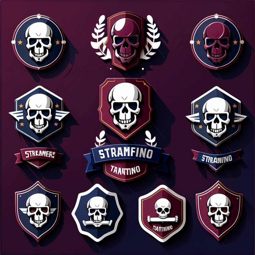  Icons and badges for Streamers by level, skull in Tarantino style, burgundy and navy colors