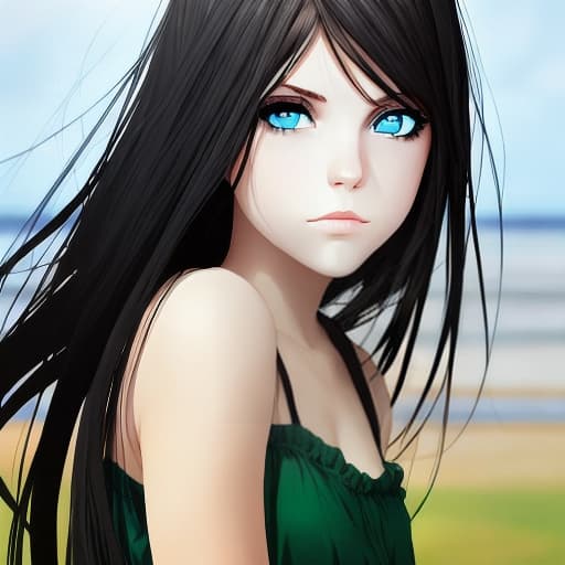  a girl whit an green and Blue eyes she has dark hair