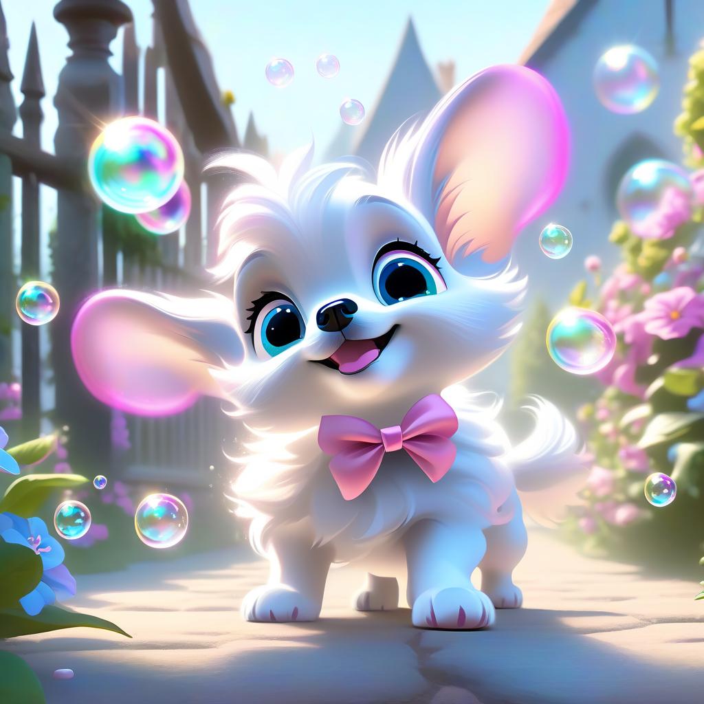  ethereal fantasy concept art of (A small dog with a pink bow on its head) catches soap bubbles with its paw. (Background): summer, a cosy courtyard with a fence. Petunias are blooming near the fence: blue, pink colours. . magnificent, celestial, ethereal, painterly, epic, majestic, magical, fantasy art, cover art, dreamy hyperrealistic, full body, detailed clothing, highly detailed, cinematic lighting, stunningly beautiful, intricate, sharp focus, f/1. 8, 85mm, (centered image composition), (professionally color graded), ((bright soft diffused light)), volumetric fog, trending on instagram, trending on tumblr, HDR 4K, 8K