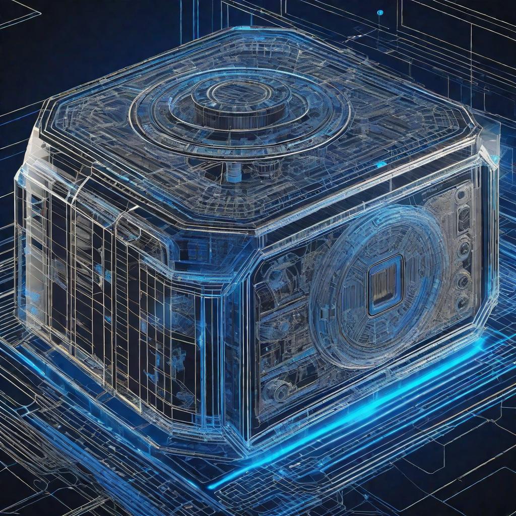  Masterpiece, best quality, completing a line drawing of a wireframe hologram of a digital generator inverter module in which glowing blue lines form complex patterns around its iconic structure on an isolated exploration background. The design showcases detailed industrial design details and functionality, creating a visually stunning product presentation