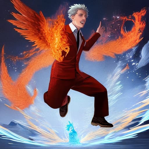  A man of fire walking on ice is chased by a phoenix