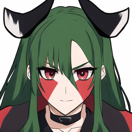  black cow, red war markings on face, green hair
