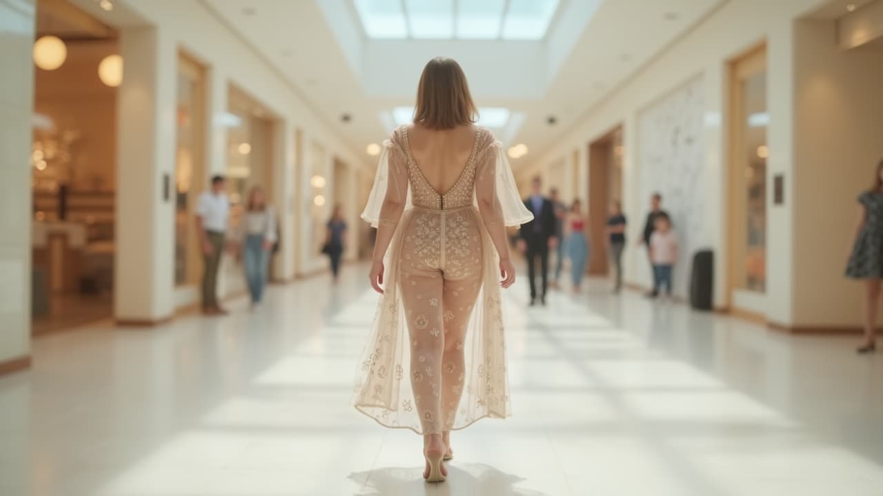  good quality, high quality, only one photo of a full body of a beautiful ukrainian 4 old curvy and fit mature woman, big s 44 ddd+ with big s and areola, visible in transparency clothes, with healthy shoulder length hair, walking gracefully through the main corridor of a shopping mall. she is wearing a very sheer futuristic year 2050 very daring and sy super fashion very short sleeve low cut embroidery jumpsuit with a neckline, with a perfect silhouette, balmain style + honey birdette style + vintage in pills clothes with a mix of 25% and 25% . she walks gracefully and ly, her movements are feminine, sensual, and confident. the camera starts by capturing her from the f