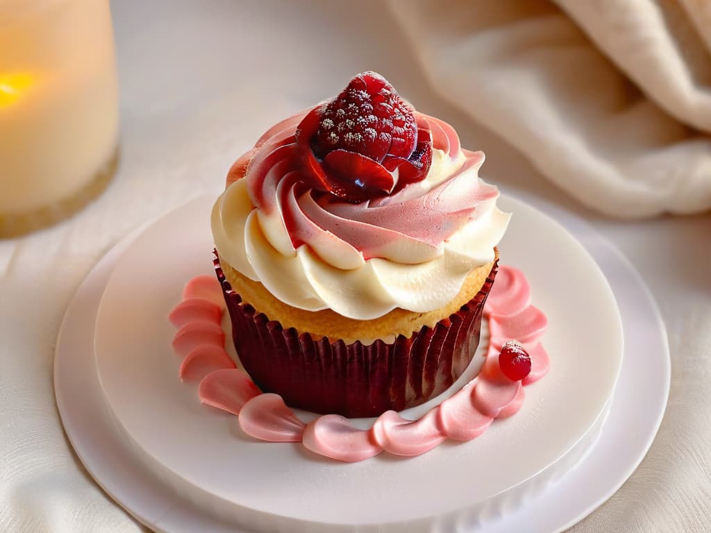  An ultradetailed closeup image of a delicate, perfectly frosted cupcake topped with a single, glistening raspberry. The frosting is swirled elegantly, and the raspberry is shining with freshness, all set on a pristine white plate. A soft, warm light illuminates the cupcake, highlighting its intricate details and inviting the viewer to appreciate the artistry of pastrymaking. hyperrealistic, full body, detailed clothing, highly detailed, cinematic lighting, stunningly beautiful, intricate, sharp focus, f/1. 8, 85mm, (centered image composition), (professionally color graded), ((bright soft diffused light)), volumetric fog, trending on instagram, trending on tumblr, HDR 4K, 8K