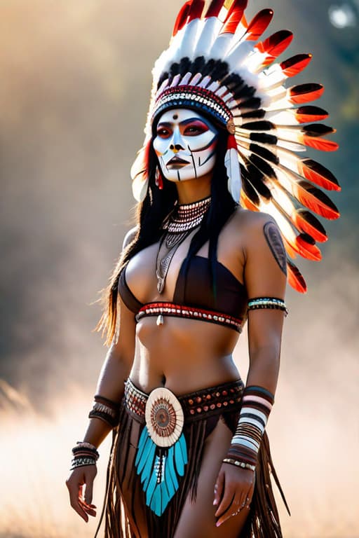  Beautiful native American woman with headdress and face paint hyperrealistic, full body, detailed clothing, highly detailed, cinematic lighting, stunningly beautiful, intricate, sharp focus, f/1. 8, 85mm, (centered image composition), (professionally color graded), ((bright soft diffused light)), volumetric fog, trending on instagram, trending on tumblr, HDR 4K, 8K