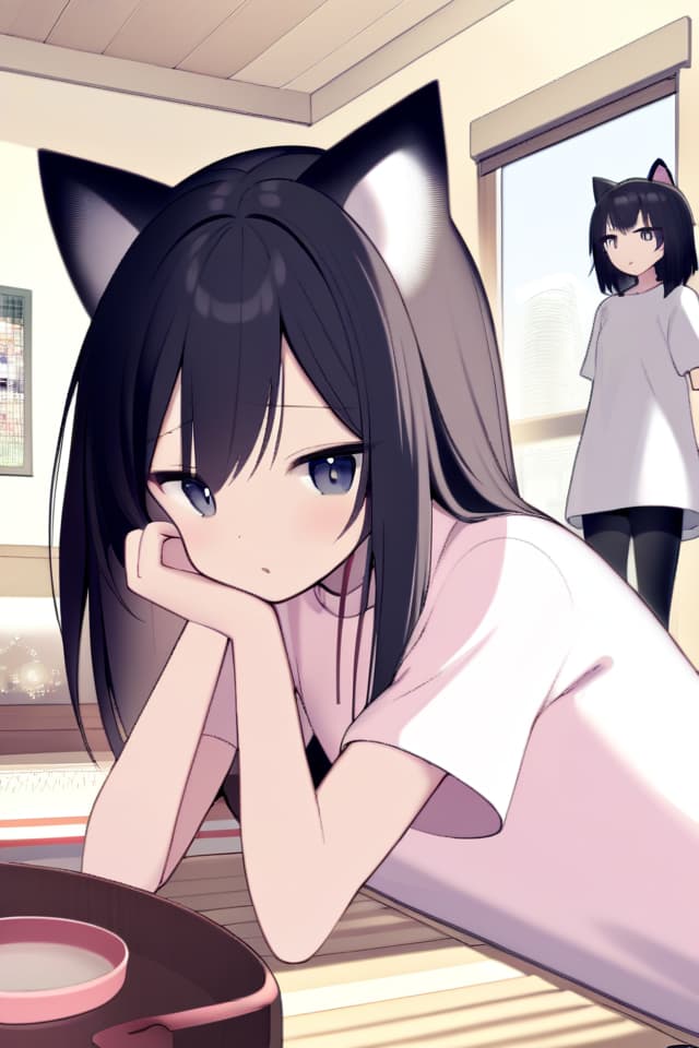  Cat ears, girls, 1, indoor, black hair